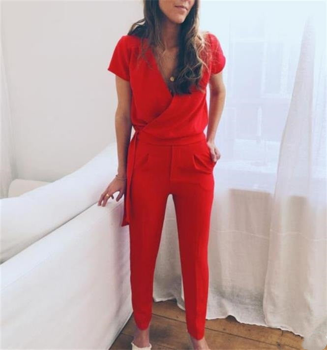 Ladies' V-Neck Folded Slim Jumpsuit
