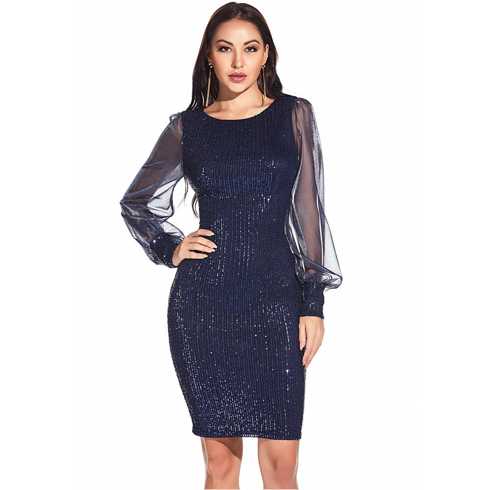 Long-Sleeved Net Yarn Stitching Sequin Dress
