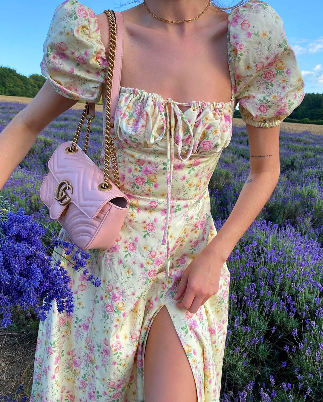 Floral Print Puff Short-Sleeve Dress - High Split Party Long Dress