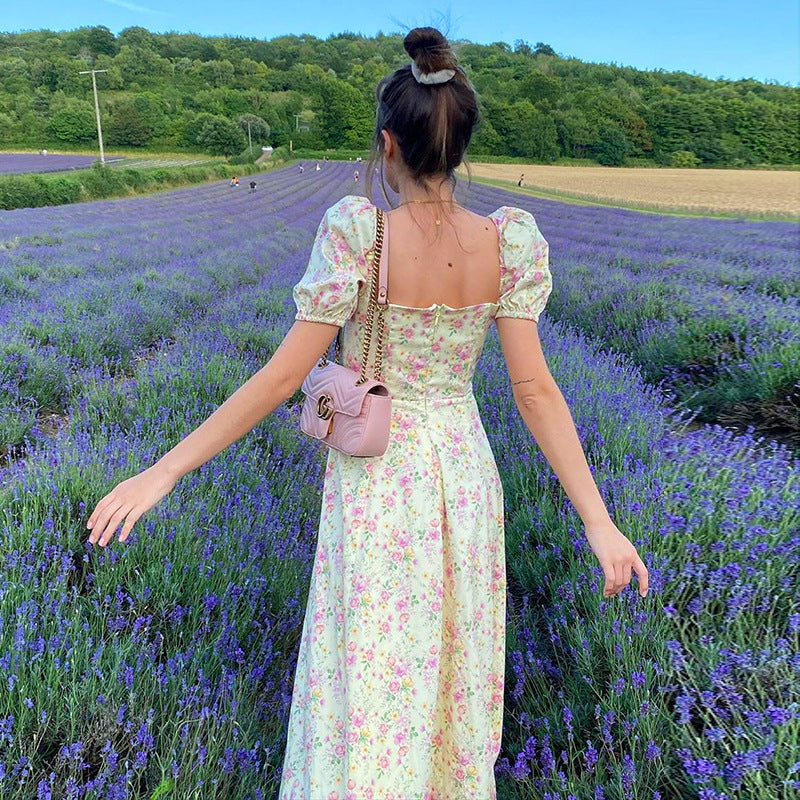 Floral Print Puff Short-Sleeve Dress - High Split Party Long Dress