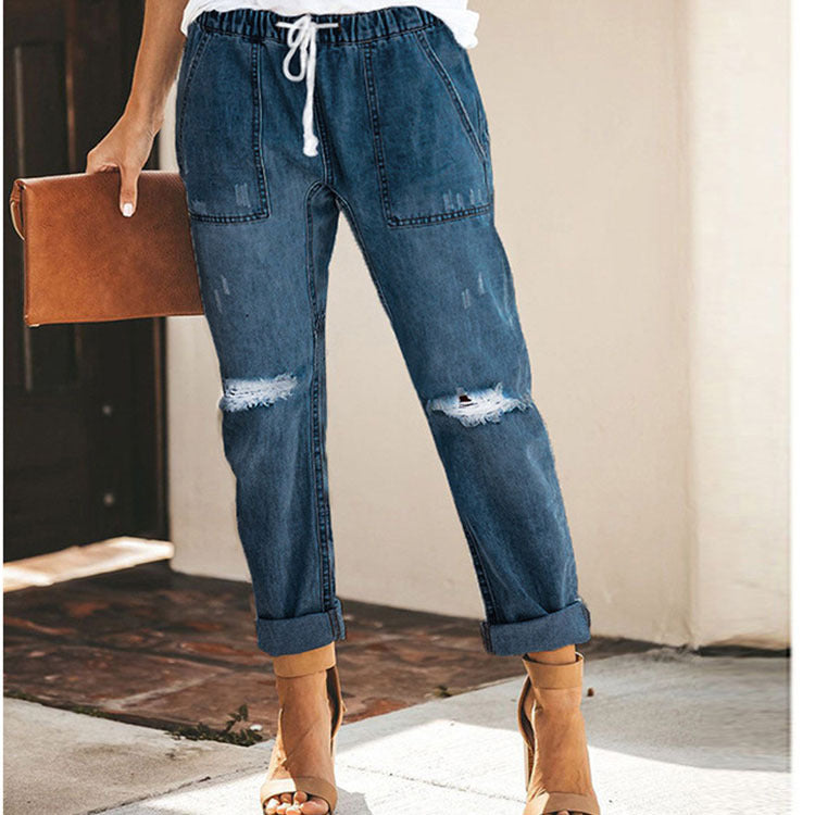 Women's Ripped Drawstring Denim Trousers With Pockets