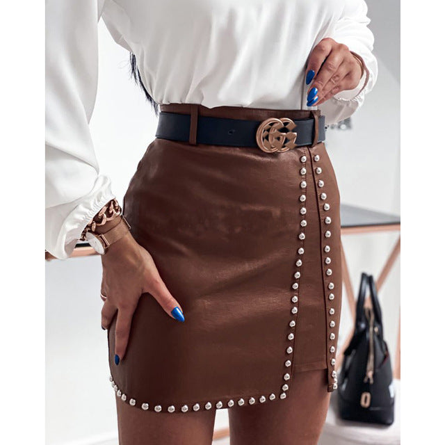 Elegant Fashion Rivets PU Leather Skirt For Women
