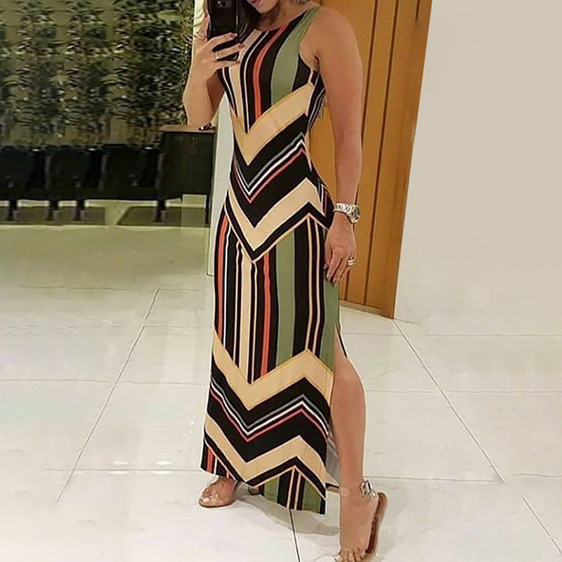 Colourful Striped Print Side-Slit Maxi Dress