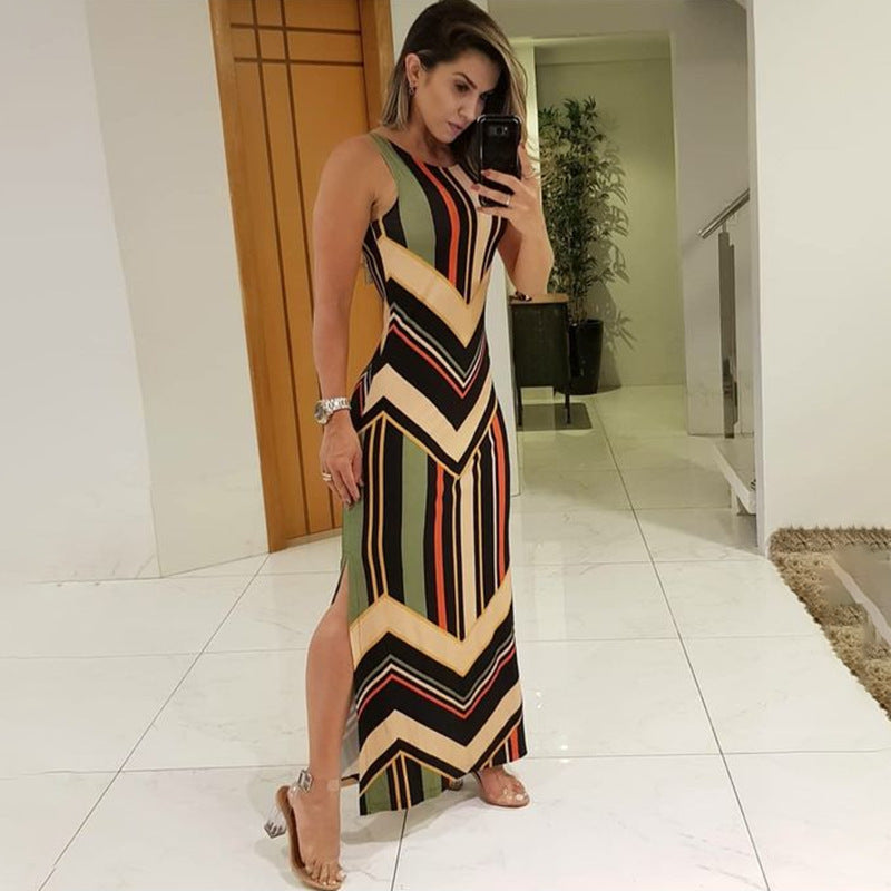 Colourful Striped Print Side-Slit Maxi Dress
