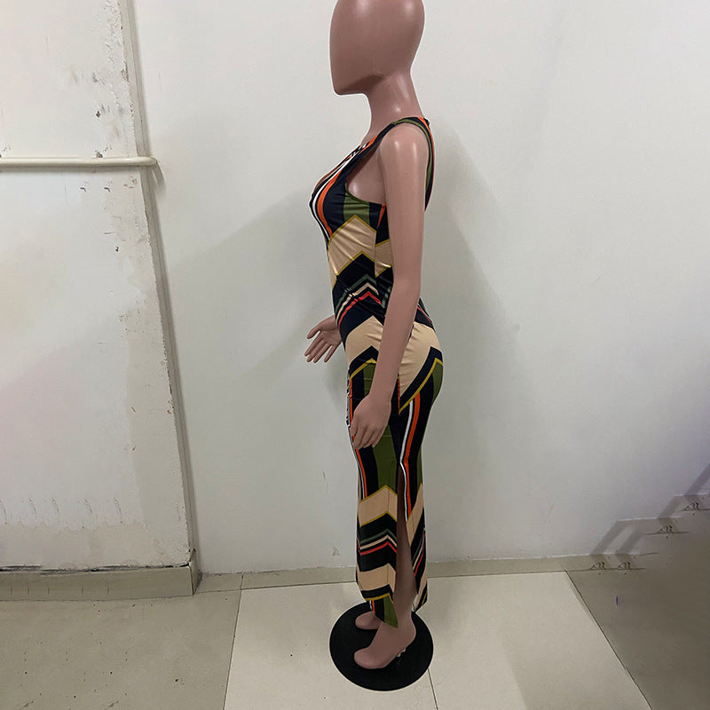 Colourful Striped Print Side-Slit Maxi Dress