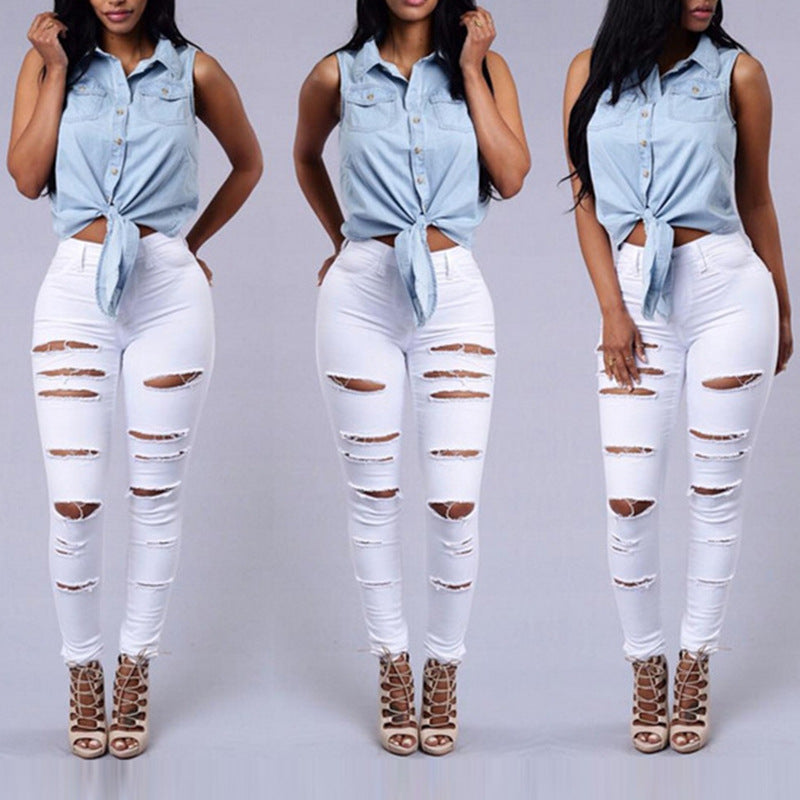 High-Quality Women's Casual Hole Ripped Pencil Jeans