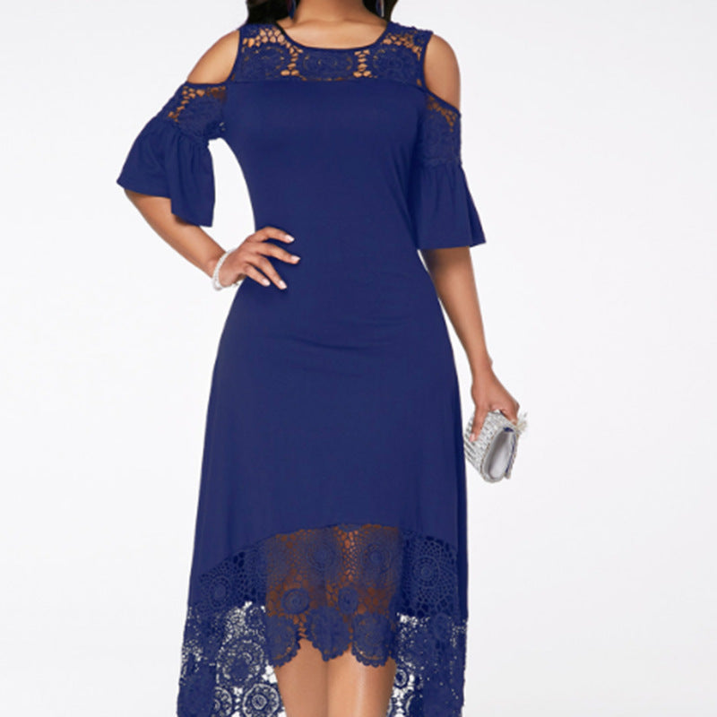 Butterfly-Sleeve Mid-Calf Lace Stitching Dress