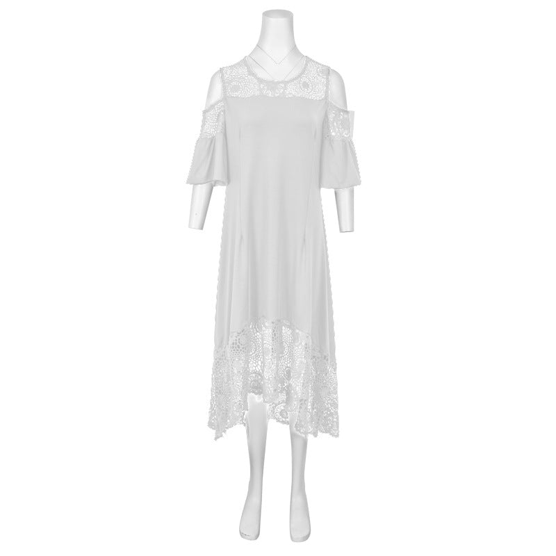 Butterfly-Sleeve Mid-Calf Lace Stitching Dress