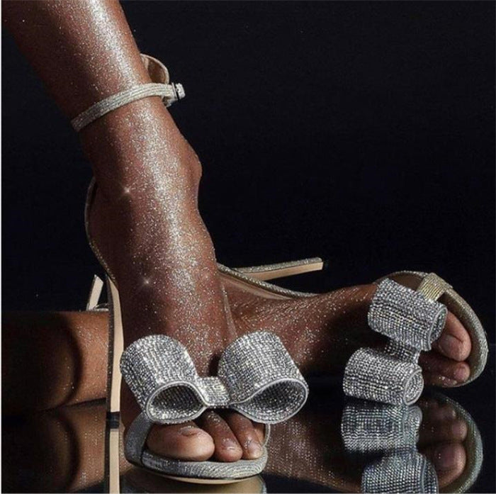 Rhinestone Butterfly-Knot Ankle-Buckles High-Heel Sandals