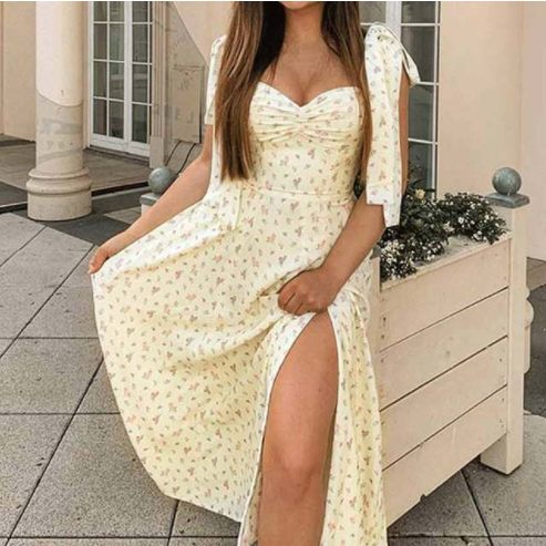 Puff Short-Sleeve Floral Long Dress