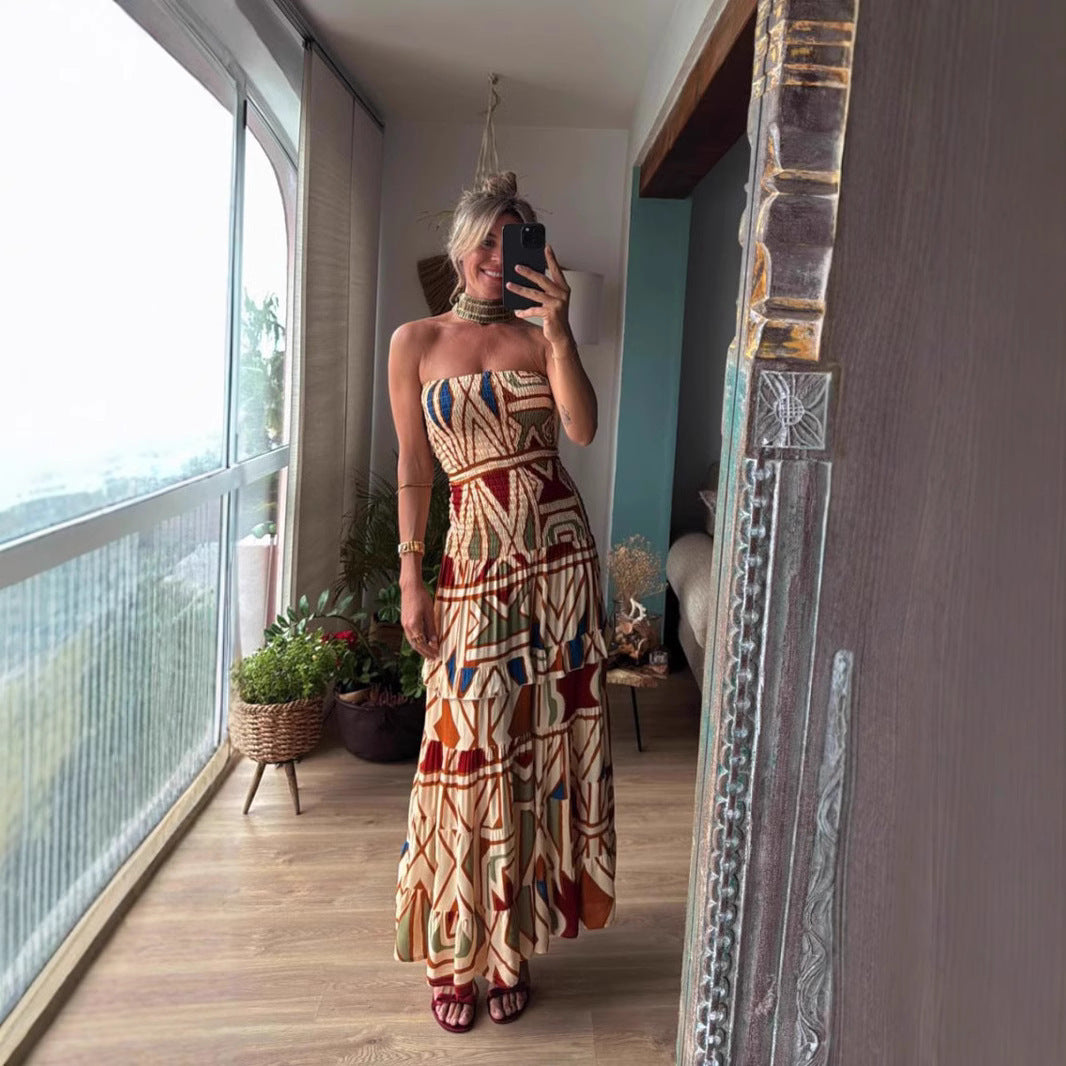 Retro High-Waist Printed Maxi Dress