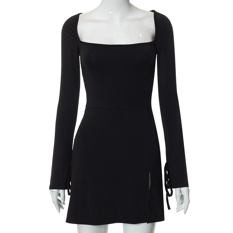 Square-Neck Long-Sleeve Split Mini Dress
