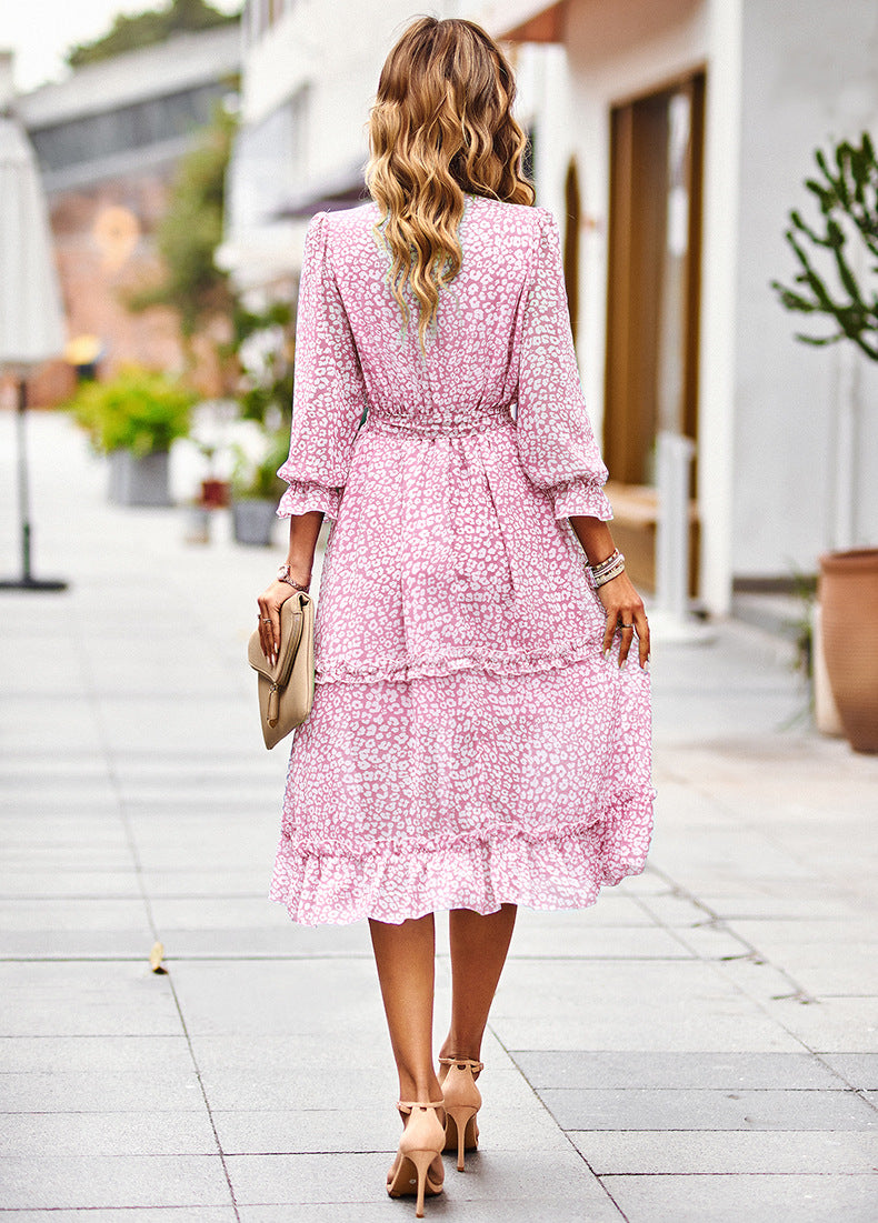 Elegant V-Neck 3/4 Sleeve Tie-Shoulder Floral Midi Dress