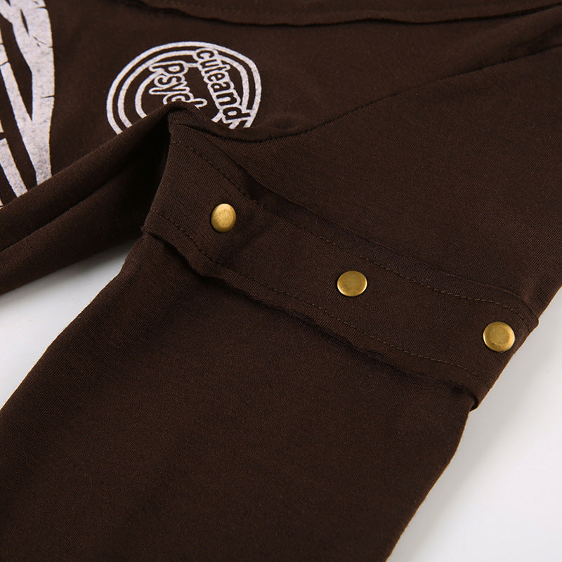 Retro Rivet Design Square-Cut Collar Letter Print Fashion T-Shirt - American Style