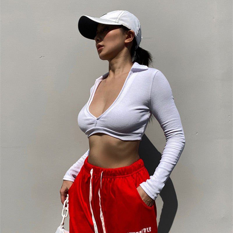 Lapel Deep V-Neck Low-Cut Long-Sleeved T-Shirt