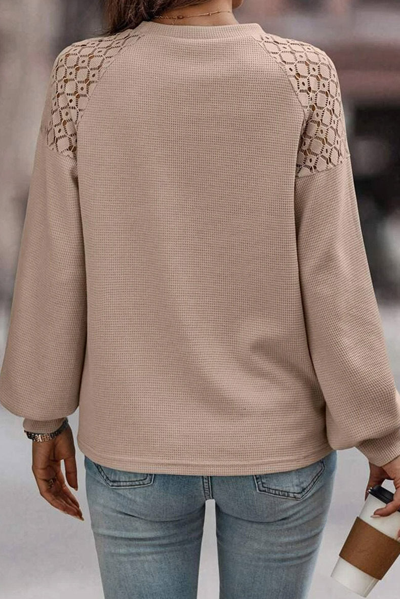 Solid-Colour Lace Splicing Pullover Long-Sleeve Top