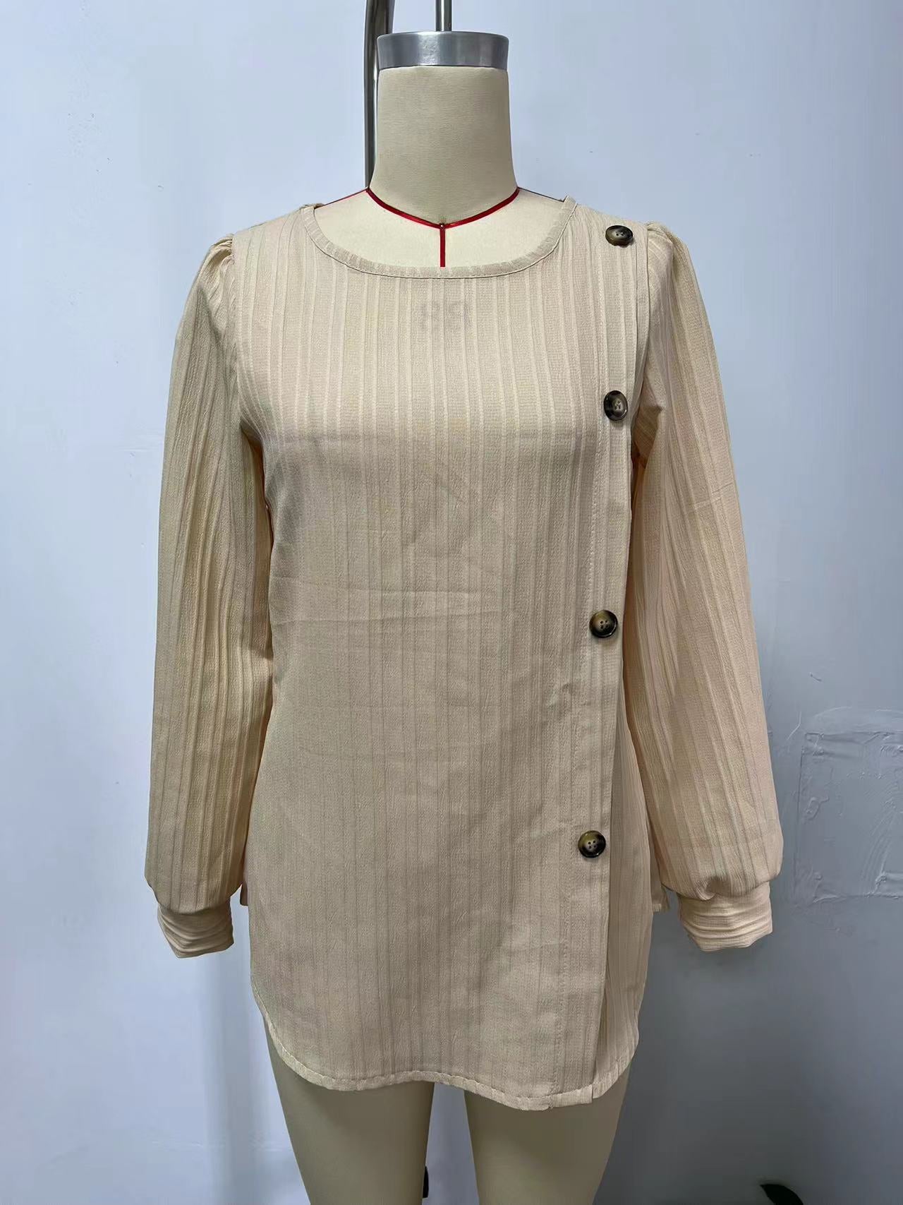 Fastener Decoration Crew-Neck Casual Solid-Colour Long-Sleeve Shirt