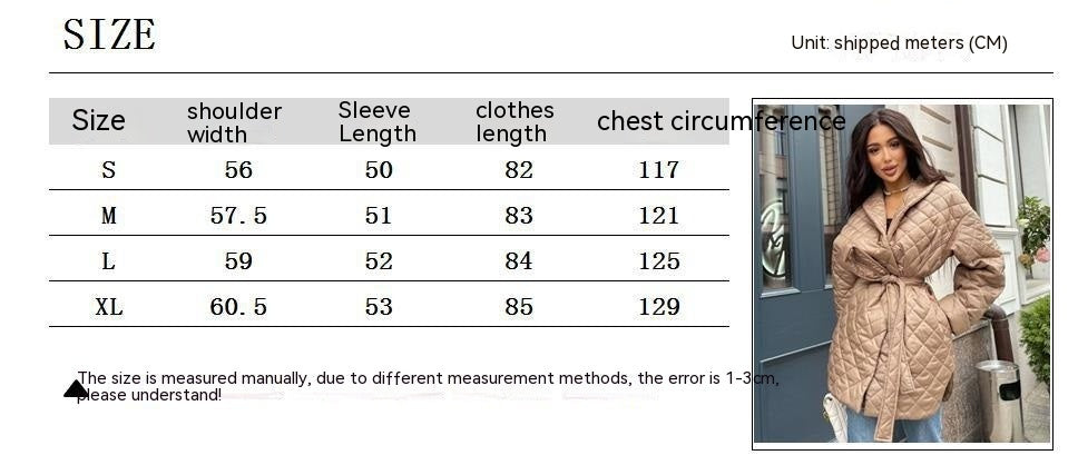 Slim-Fit Lace-Up Lapel Plaid Cotton-Padded Women's Coat