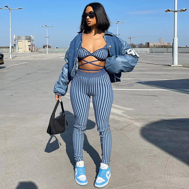 Style Fashion Striped Strap Vest Slim Fit Skinny Pants Suit