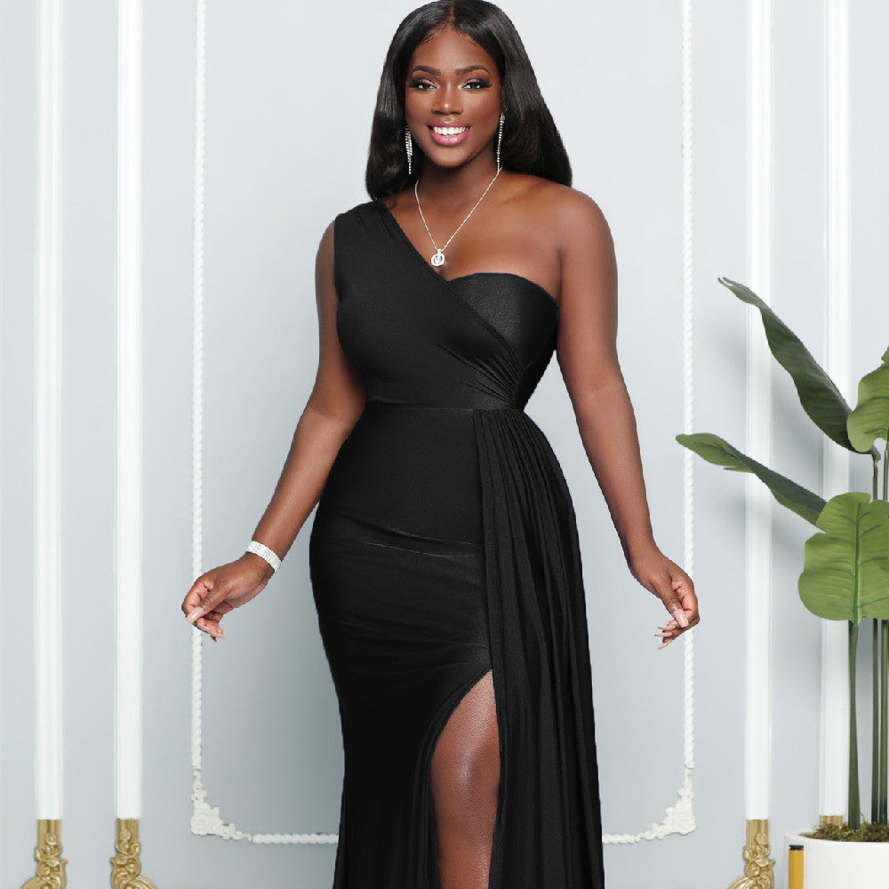 Asymmetric High-Waist Off-Shoulder Slit Dress