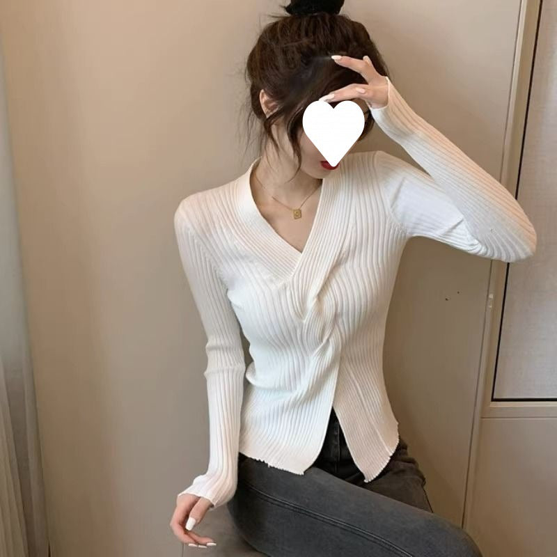 Japanese-Style V-Neck Sweater - Waist-Trimming Short Top For Women