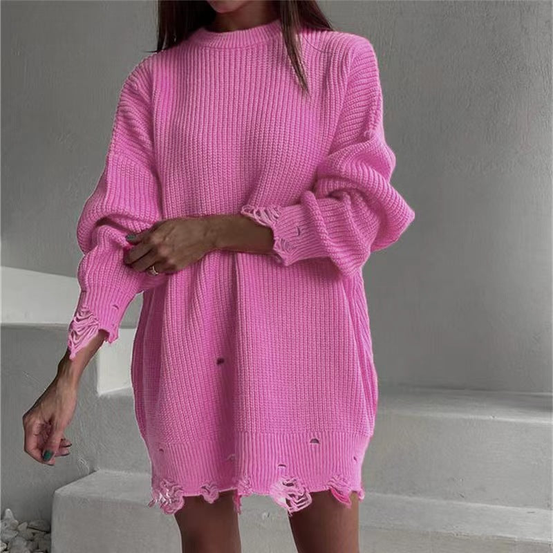 Round-Neck Long-Sleeve Burrs Loose Knitted Pullover Sweater Dress