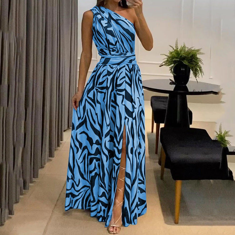 Exposed-Back Sleeveless Printed Split-Thigh Long Dress