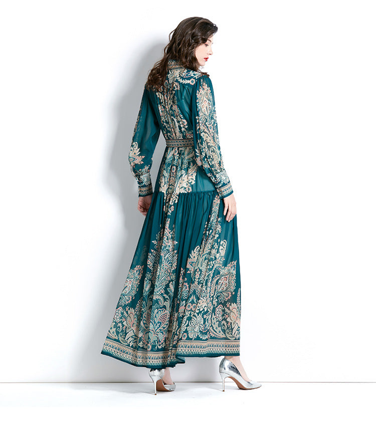 Stand-Up Collar Puff-Sleeve Lace Printing Dress