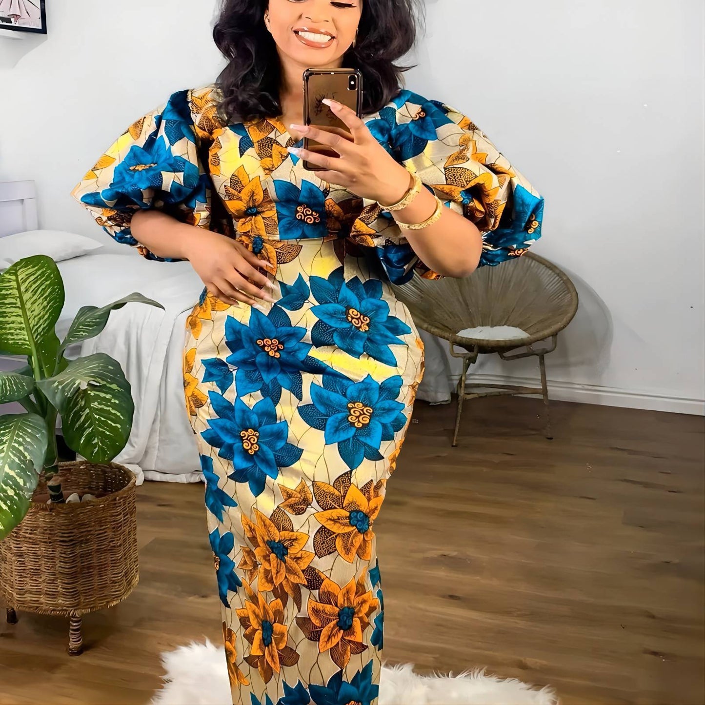 Printed Short-Sleeve Long Dress