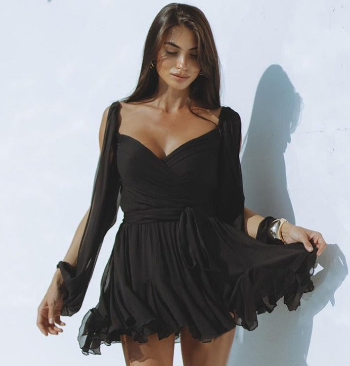 Hollow Lantern-Sleeve V-Neck Off-Shoulder Dress