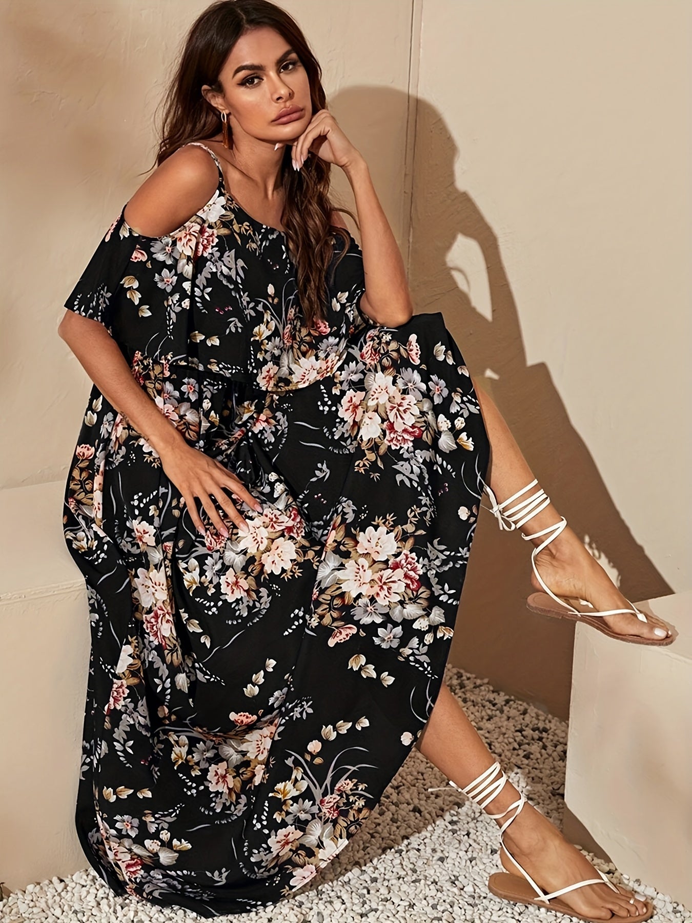 Strappy Floral Off-Shoulder Maxi Dress - US Only