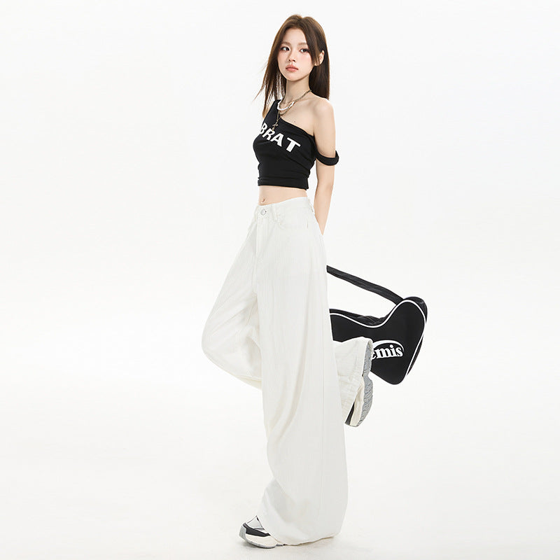 High-Waist White Denim Wide-Leg Pants
