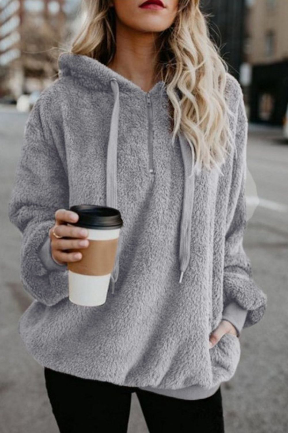 Quarter-Zip Drawstring Teddy Hoodie - US Only