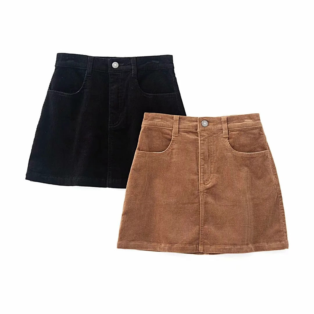 High-Waist All-Match A-Line Slim Corduroy Skirt For Women