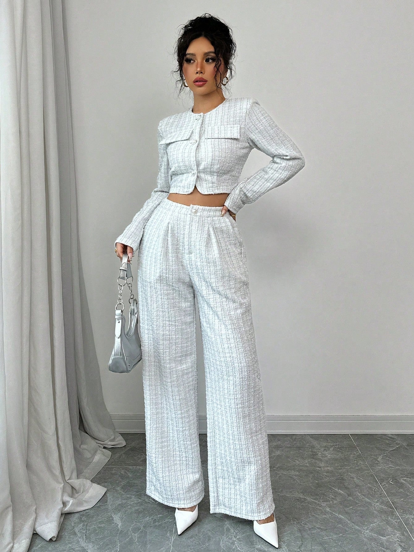Spring And Autumn Long-sleeve Short-pants Suit, Tweed Short Jacket With Pearl Buttons, Elegant Round Neck Pearl Button Textured Jacket And Long Pants, Suitable For Commuting, Leisure, Dating, And Vaca