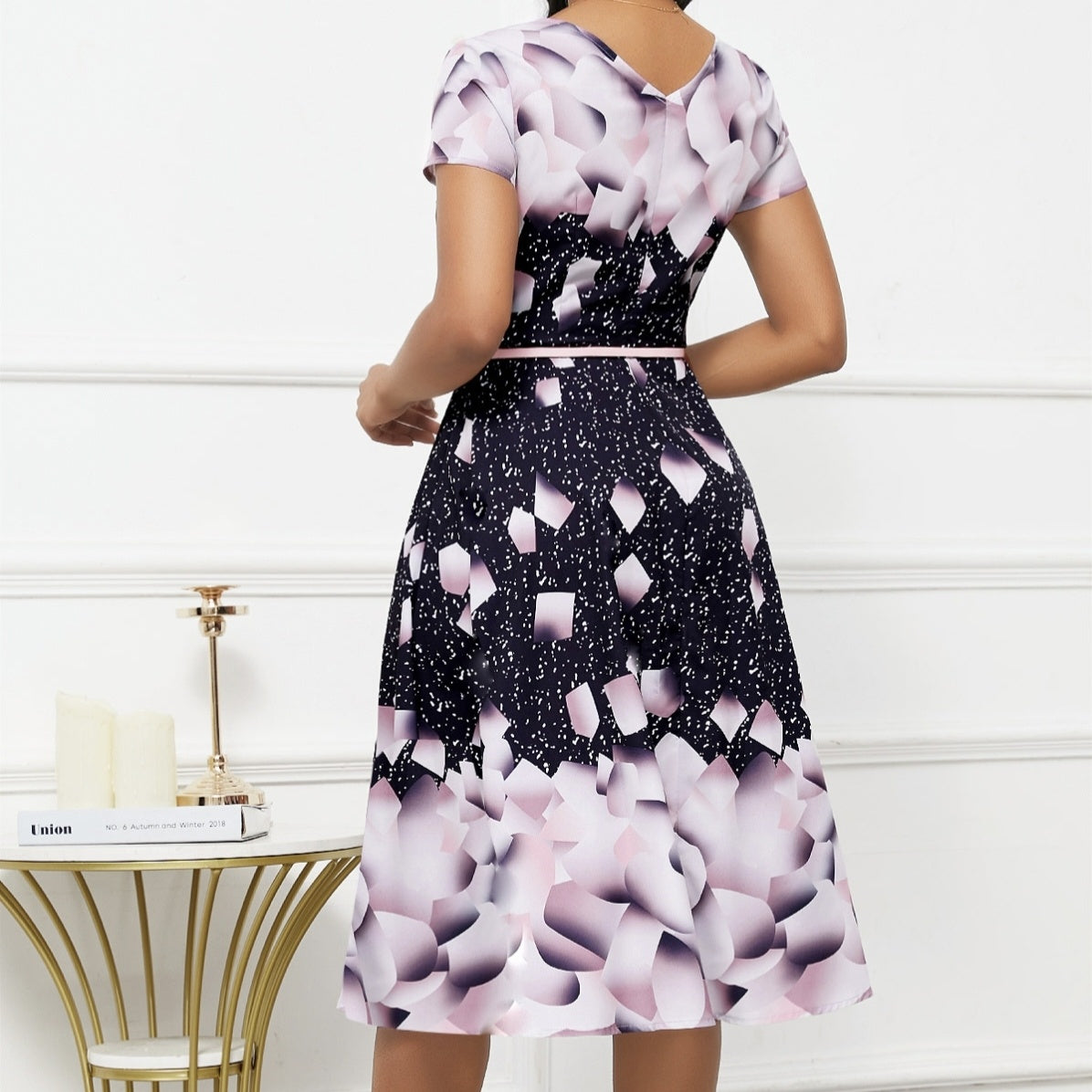 Starry Pink Petal Round-Neck Dress