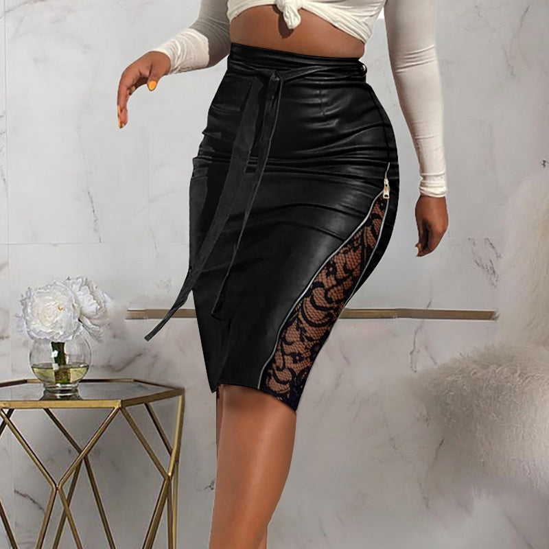 New Split Lace Stitching Slim-Fit Lace-Up Leather Skirt