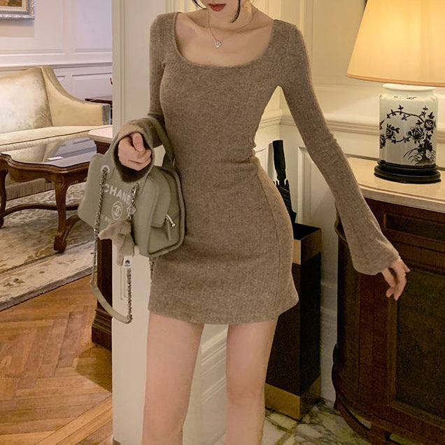 Square-Collar Bell Sleeve Knitted Dress