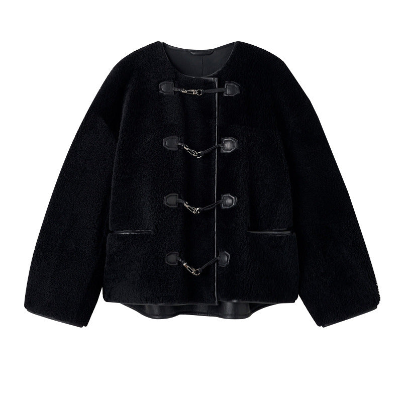 New Metal Leather Ring Fur Stitching Coat