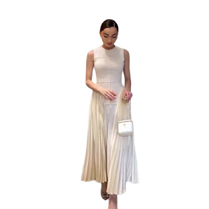 Women's Sleeveless Pleated Stitching Elegant Slimming White Dress