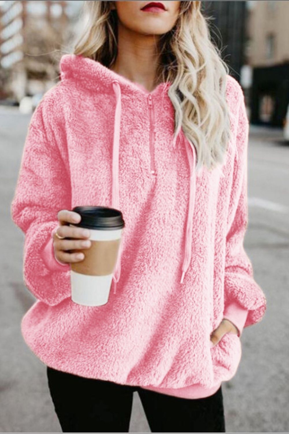Quarter-Zip Drawstring Teddy Hoodie - US Only