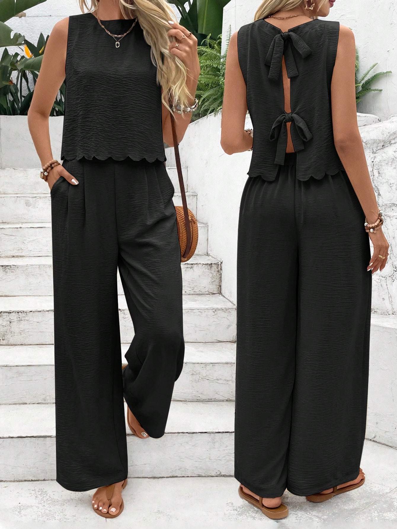Summer Linen Tie-Up Two-Piece Outfit