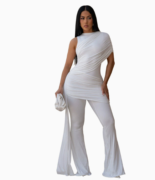 Sexy Crew-Neck Pleated Ribbon Jumpsuit