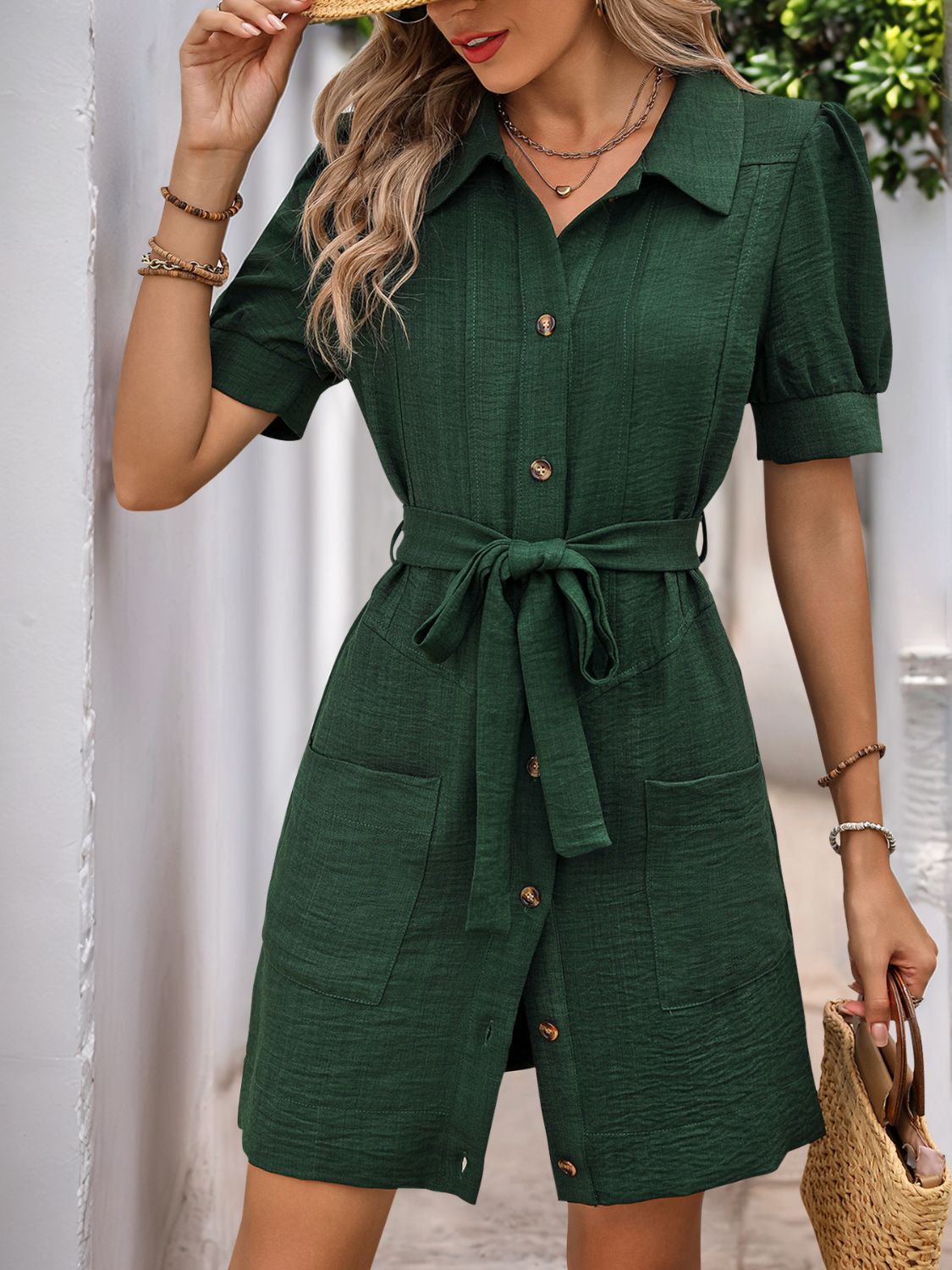 Perfee Tie-Waist Button Down Short-Sleeve Mini Dress - US Only