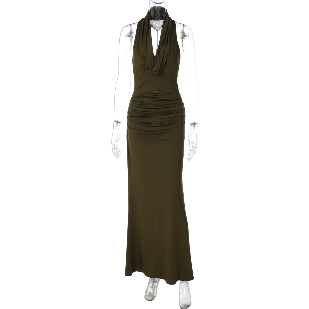 Pleated, Figure-hugging Elegant Halter-neck Maxi Dress