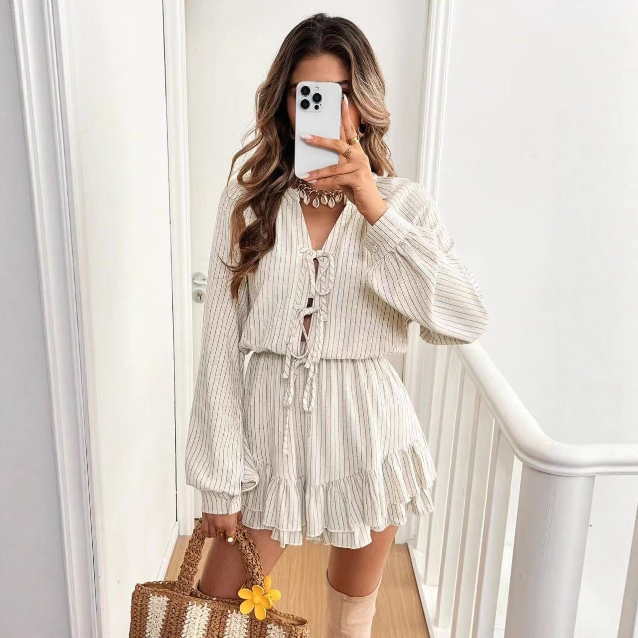 Round-neck Lantern-sleeve High-waisted Cotton-linen Dress