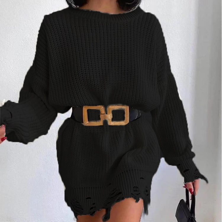 Round-Neck Long-Sleeve Burrs Loose Knitted Pullover Sweater Dress