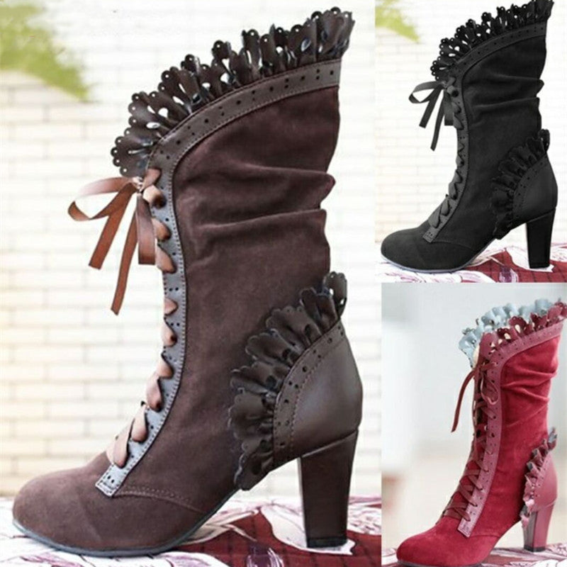 Lace-Up Ruffle Design Boots