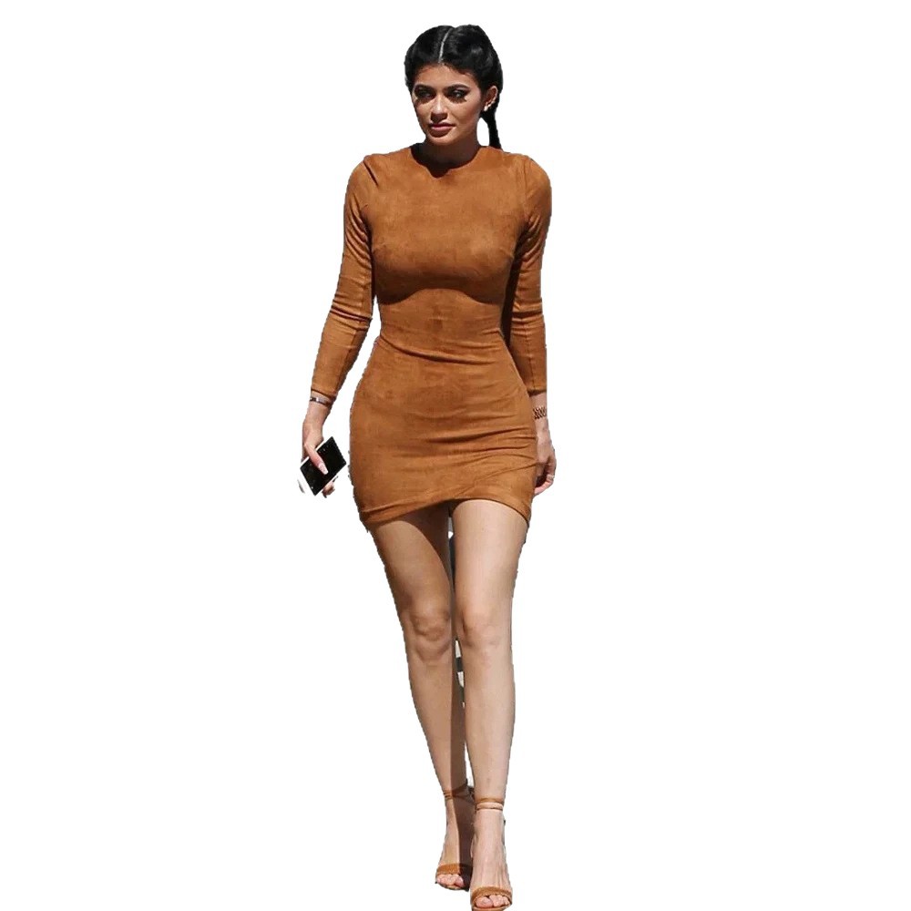 Suede-look Crew-neck Long-sleeve Sexy Slim-fit Sheath Mini Dress