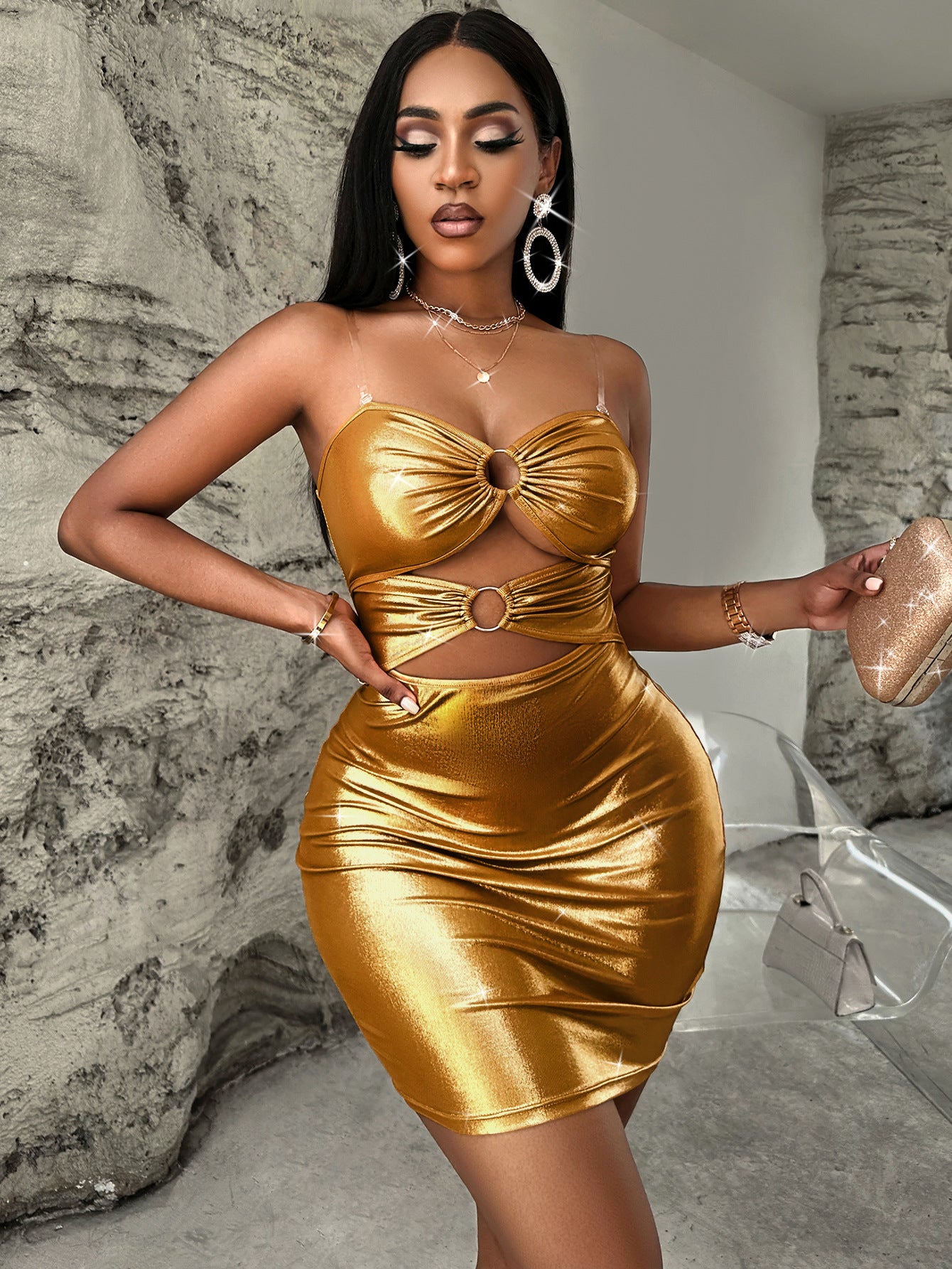 Trendy Solid-Colour Metal Hollow Sling Dress For Women